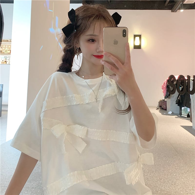 レッドスタイルリボンTシャツ サマートップス 夏物 萌量不足33858495712