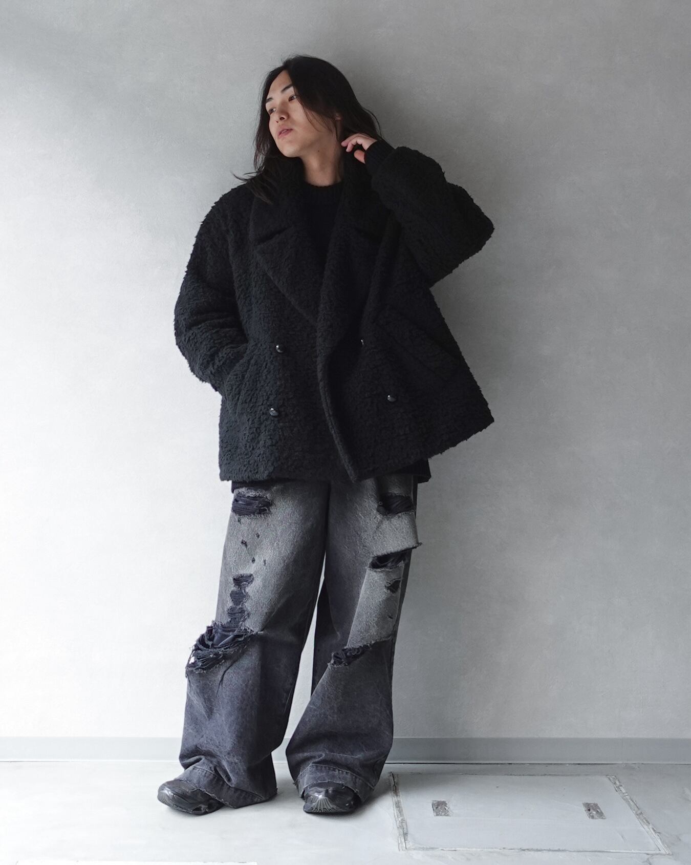 my beautiful landlet FAUX ALPACA OVERSIZE PEA COAT BLACK | nua