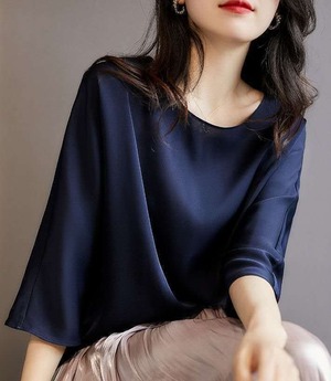 シャツ ブラウス レディース プルオーバー トップス 7分袖 Uネック 薄手 きれいめ シンプル 大人 上品 おしゃれ 大人女子 クール エレガント 無地 春 夏  デート お出かけ 休日 旅行 普段使い 体系カバー 送料無料 M L XL 2XL 3XL ゆったり サイズ ホワイト ブルー ピンク ライトブルー シャンパン