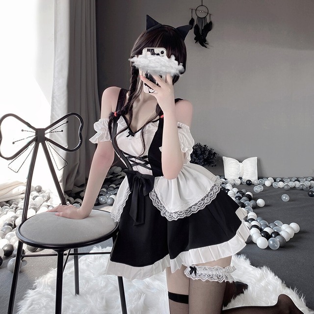 ゴスロリ通販 With U ゴシック ロリィタ メイド服 ミニ丈 4点セット ワンピ カチューシャ チョーカー 付け袖 大人セクシー コスプレ イベント メイドカフェ ロマンティック
