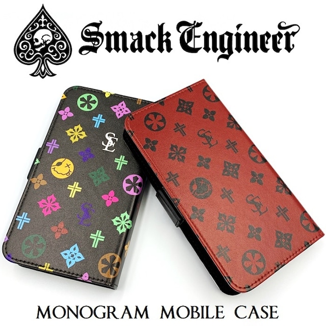 【30%OFF SALE】SMACK ENGINEER / スマックエンジニア「MONOGRAM MOBILE CASE」手帳型スマホケース フリーサイズ iPhone アイフォンカバー モバイル モノグラム レザー 黒赤白 ブラック ホワイト レッド スペード メンズレディース PUNK ROCK パンクロック ギフトラッピング無料 衣装 Rogia