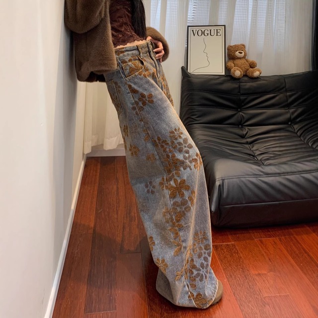 【デニム】大きいサイズ 小さいサイズ レディース デニム ワイドパンツ きれいめ ジャガード 春 夏 秋 冬 20代 30代 40代 50代 ジーパン パンツ ワイドパンツ ハイウエスト ワイド パンツ レトロブルー ヴィンテージブルー 水色 XS S M L XL 2XL