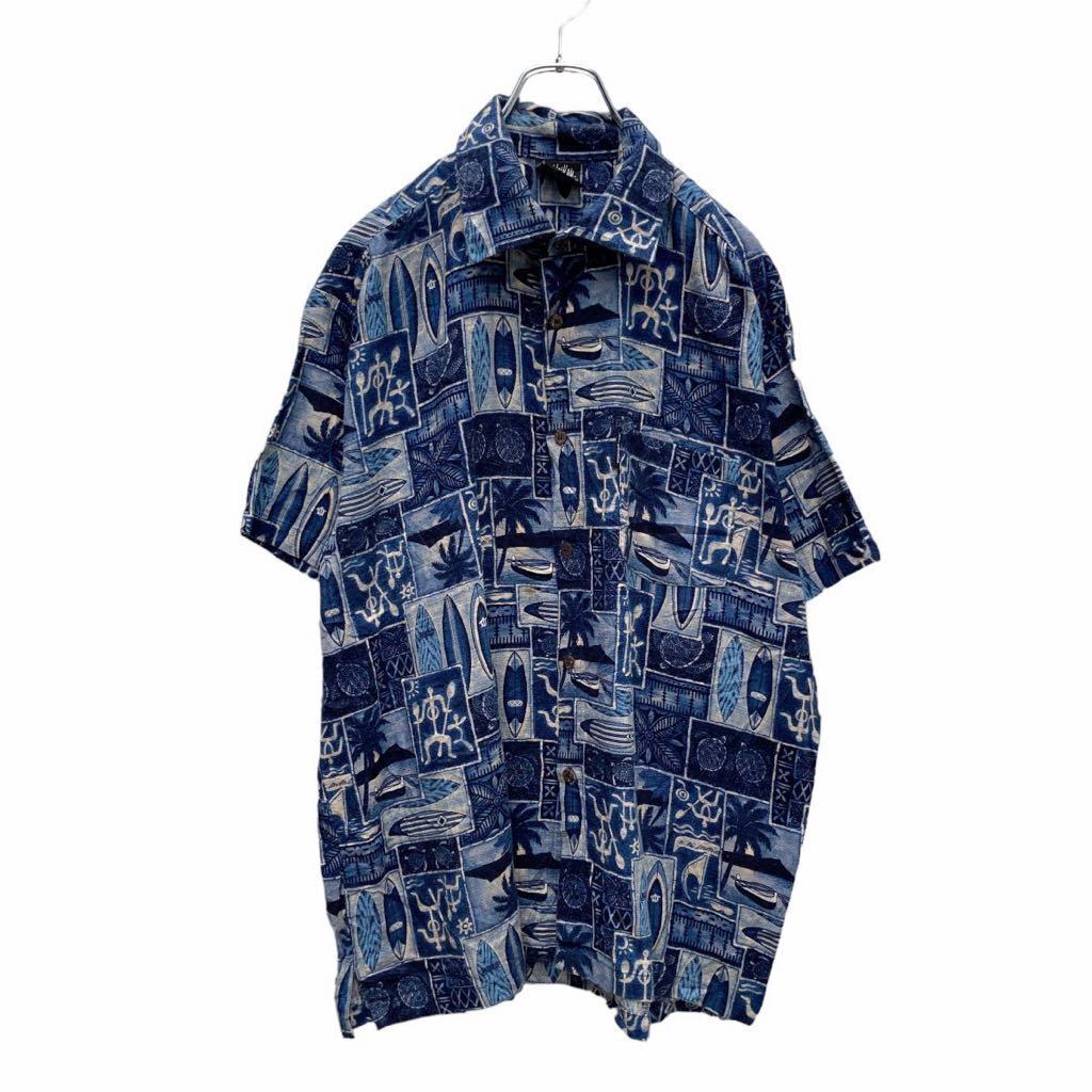 柄シャツ 総柄 アロハシャツ メンズ ネイビー 2XL USA古着 90s 半袖 D28CAMPIA総柄アロハシャツメンズ2XLハワイアン ハワイアン
