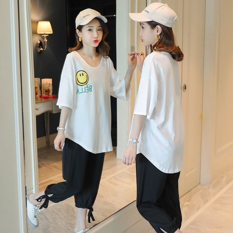 【新作】【送料無料】 マタニティウェア2020夏の新しいファッションスマイリーフェイス半袖Tシャツ+ベリーリフト9ポイントハーレムパンツマタニティスーツ-アリババ サマー 夏物 expec215179941944