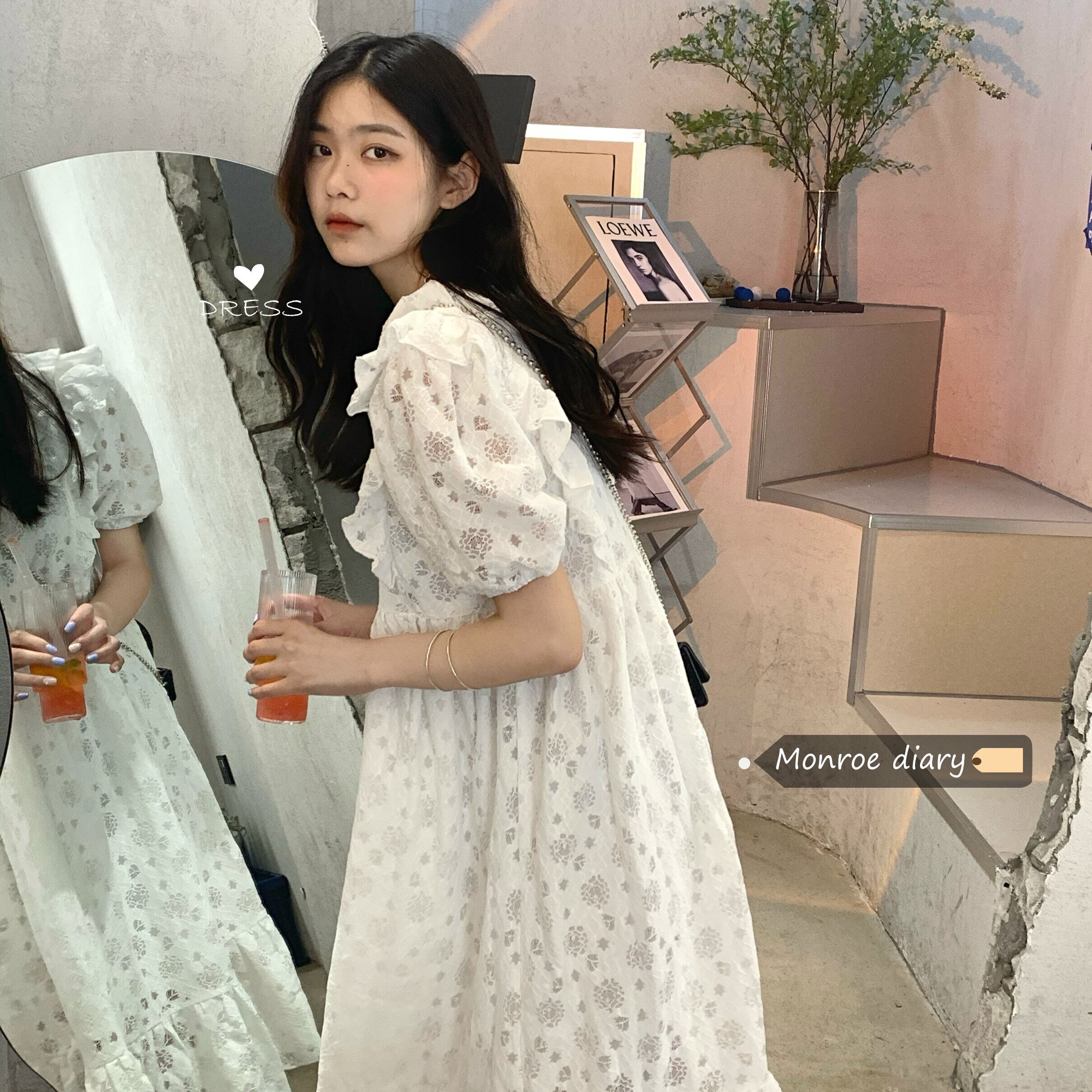 ホワイトスリーブレースドレス サマーロングスカート 大人ガーリー スウィート キュート カジュアル 夏物 モンロー44759869688