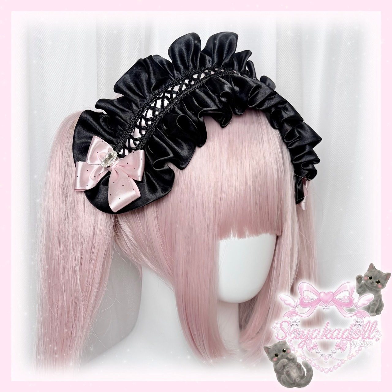 ♡【Sayakadoll Original No.12】 小悪魔ドット リボン 光沢サテンの編み上げリボンビジューヘッドドレス off white ♡