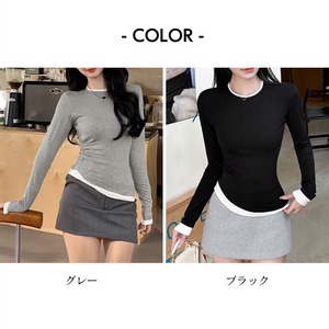 重ね着風 長袖 Tシャツ レディース 春秋冬 韓国 きれいめ 大人 カジュアル シンプル レイヤード タイト 細見え ストレッチ ドッキング トップス 大人可愛い 大人女子