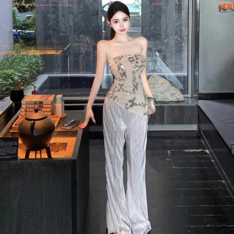 【set】 スパンコール付きチューブトップス×ワイドパンツセット Q8052