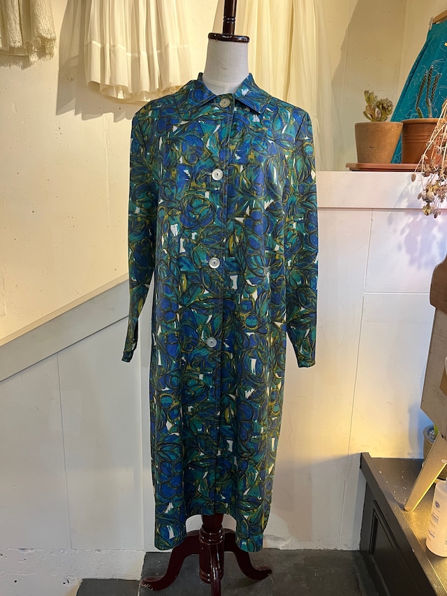 50's 60's reversible blue green leaf print spring coat