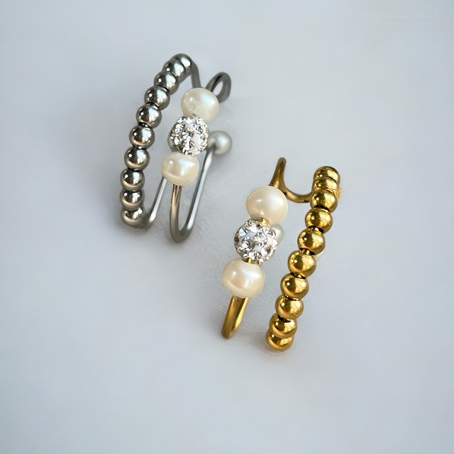 淡水パール 2連 イヤリング イヤーカフ◇ハレの日 アクセサリー◇誕生石 ノンホールピアス 金属アレルギー対応