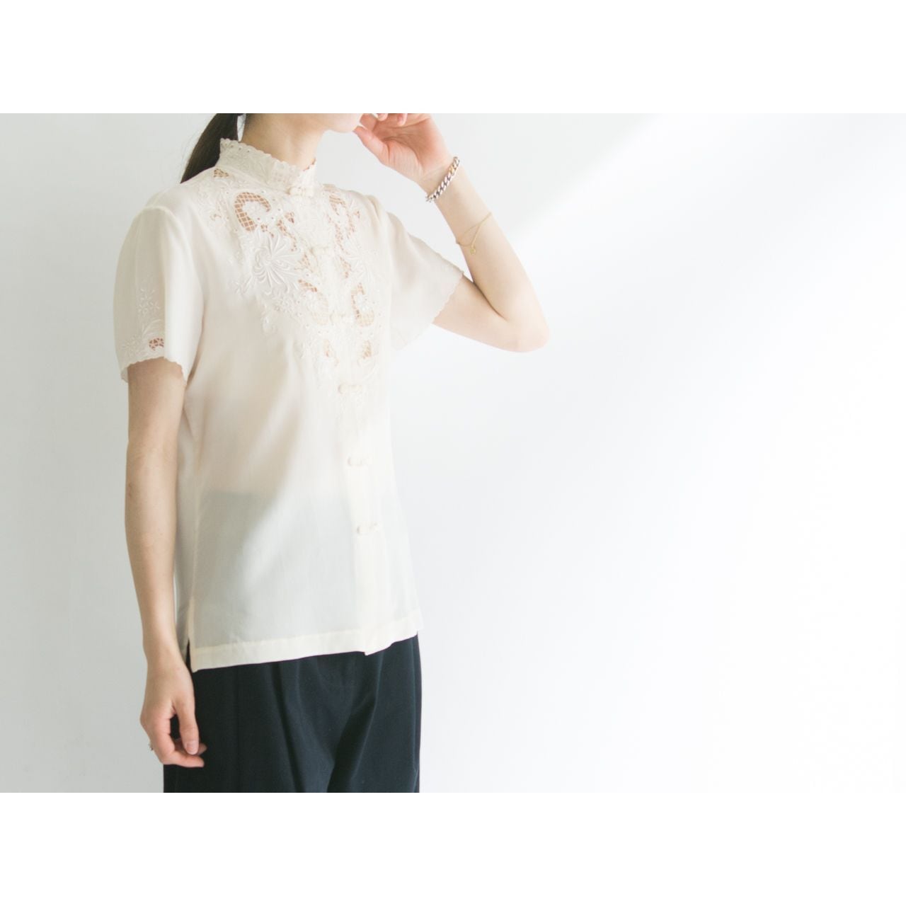 【Peony】Made in Shanghai hand embroidered silk blouse（刺繍チャイナカラーシルクブラウス シャツ）4d