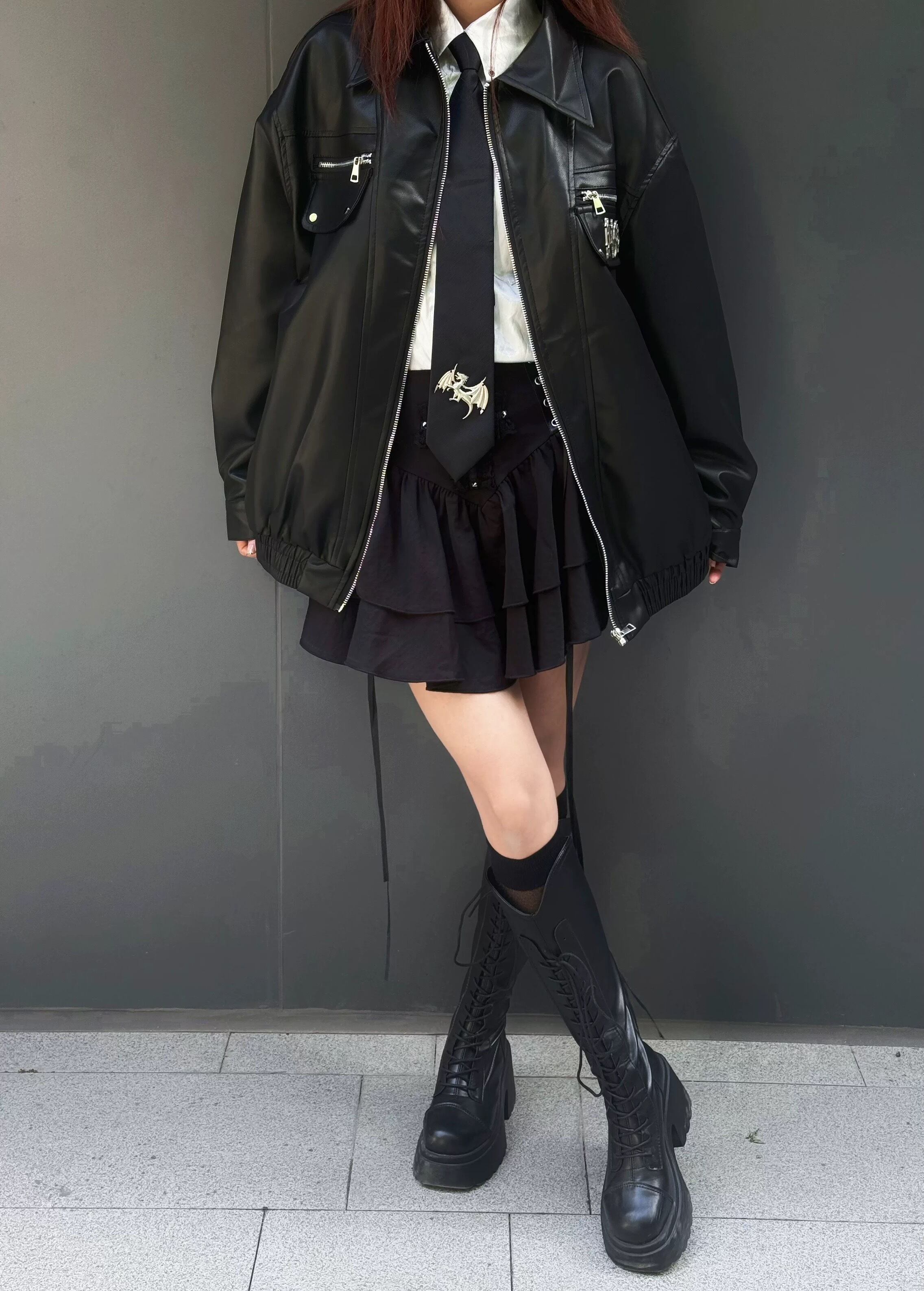 病みかわいい ゴシックpuレザーワンポイントジャケット アウター 秋服