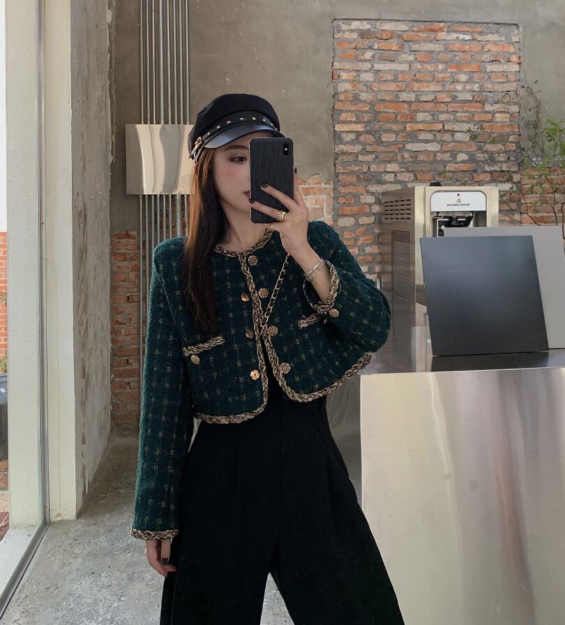 気質ステッチコントラストカラーショートコートレディース2020年秋新作レトロチェック柄ワイルドルーストップ ブラックストロベリース7441796719