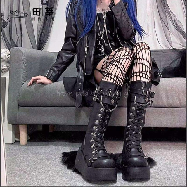 ストリートファッション 厚底ブーツ ヒール高8cm チェーン 編み上げ