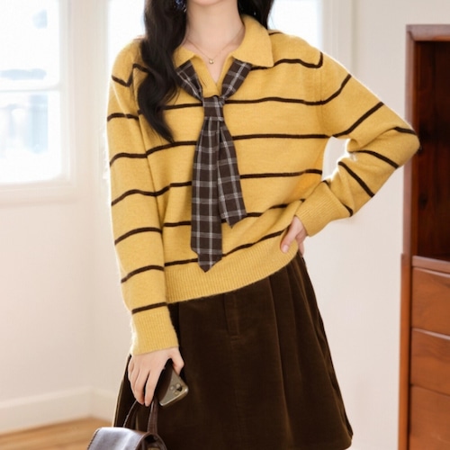 タイカラーボーダー柄ニット ・9680