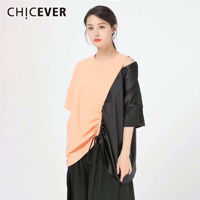CHICEVERパッチワークドローストリングレディースTシャツレースアップボウノットルーズオーバーサイズミディシャツ2020服 リボン 6base545959470034