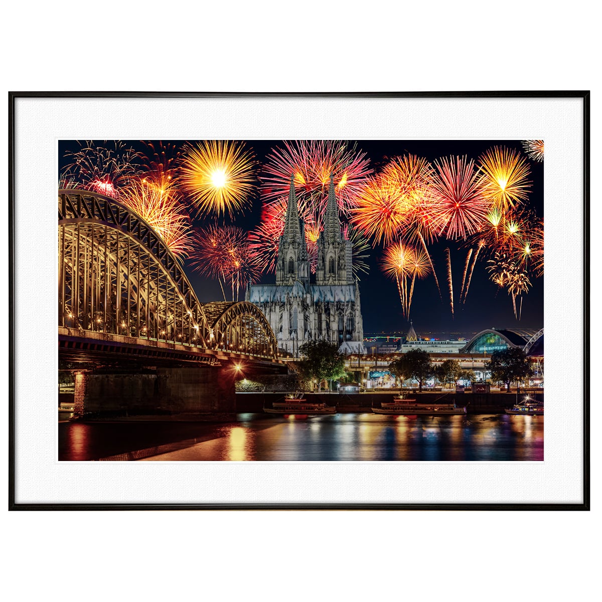 夜景写真 ドイツ ホーエンツォレルン橋とケルン大聖堂の花火 インテリアアートポスター額装 AS1123