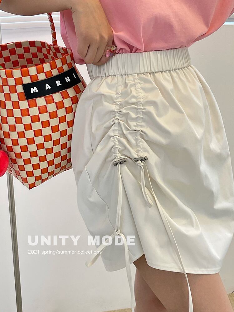 サイドギャザースカート ショートサマーカジュアルストレッチハイウェストウェストアシンメトリーAライン エラスティック 伸縮 夏物 ビッグFスモールZ韓国49740907556