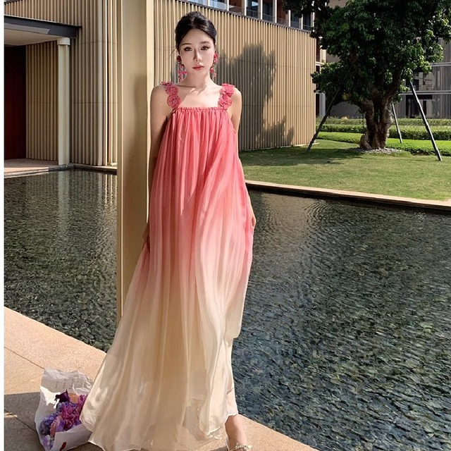 【SummerVacationシリーズ】ロングワンピース 海 休日 配色 おしゃれ S M L
