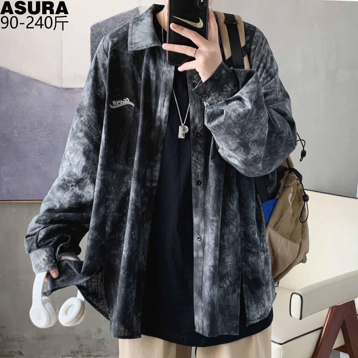 刺繍シャツ ルーズスプリングサマースタイルスタンダード ロング レトロ ストリート 大きめサイズ 春物 夏物 ASURAプラスサイズメンズ40484066945