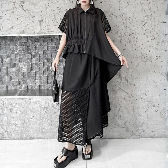 Asymmetric mesh sleeve shirt C1561