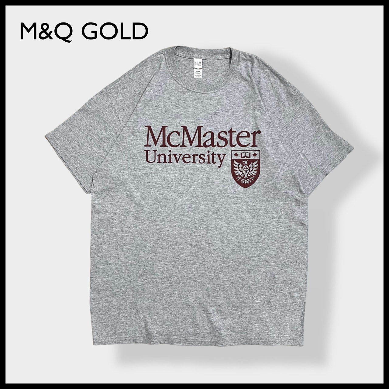 【M&Q GOLD】カレッジ カナダ McMaster University Mac マクマスター大学 ロゴ Tシャツ t-shirt  半袖 グレー LARGE メキシコ製 us古着