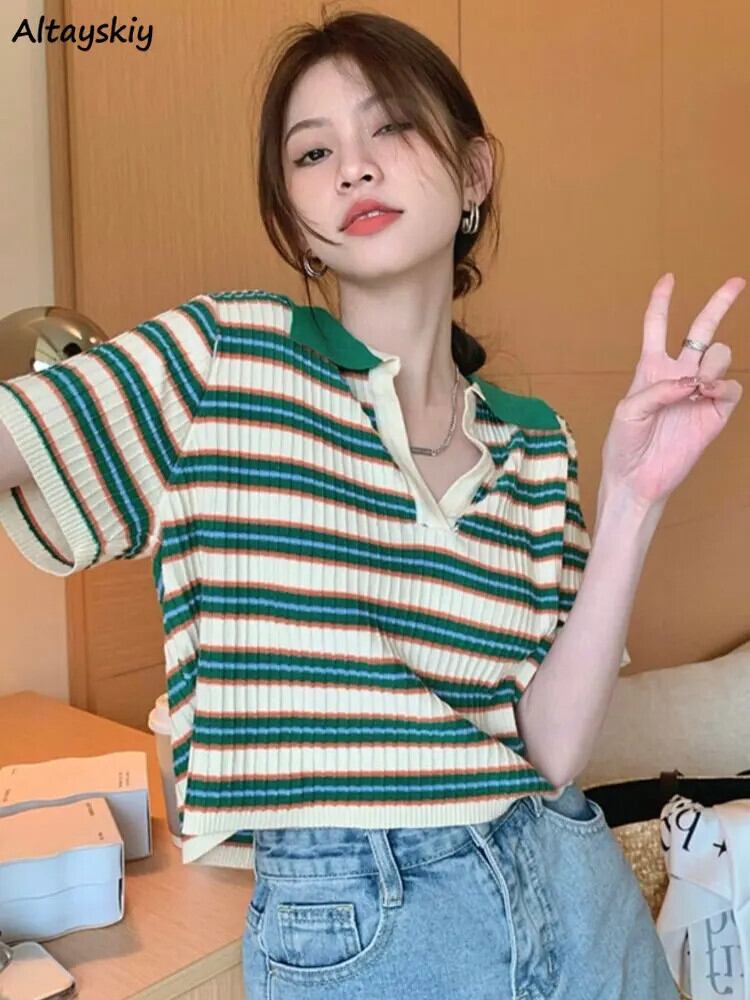 【新作】【送料無料】 ストライプ Tシャツ女性ニットソフト因果スリムフレンチスタイル優しいクロップトップス夏のホットスイートファッション入札オールマッチ服 0386668128162