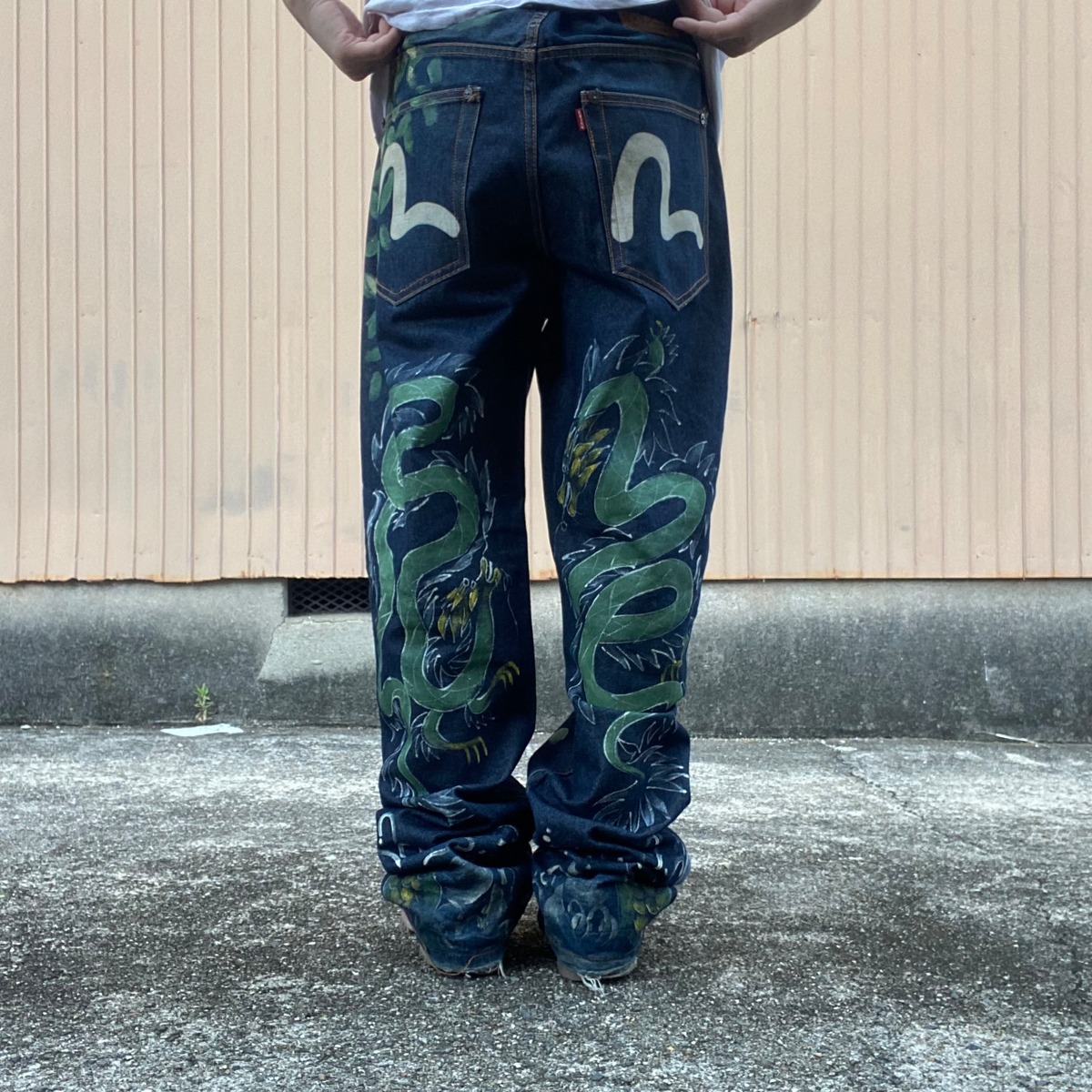 REMAKE】 ブート EVISU W34 アートリメイク 龍 カモメペイント デニム 