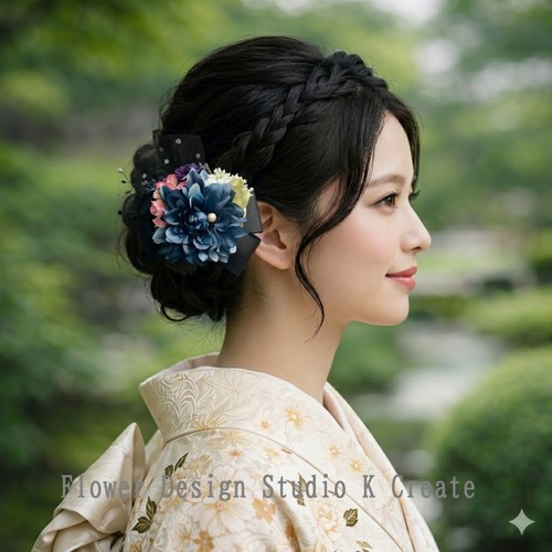 青いダリアと桜のリボンヘアクリップ　卒業式　入学式　結婚式　お出掛け　発表会　ブルー　ネイビー　チュール　リボン髪飾り