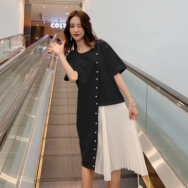 【新作】【送料無料】 マタニティ服2020年夏スタイルプリーツシフォンスプライシングドレスビーズラージサイズ妊婦プリーツスカートウィメンズ 大きめサイズ サマー 夏物 AL expec357633802951