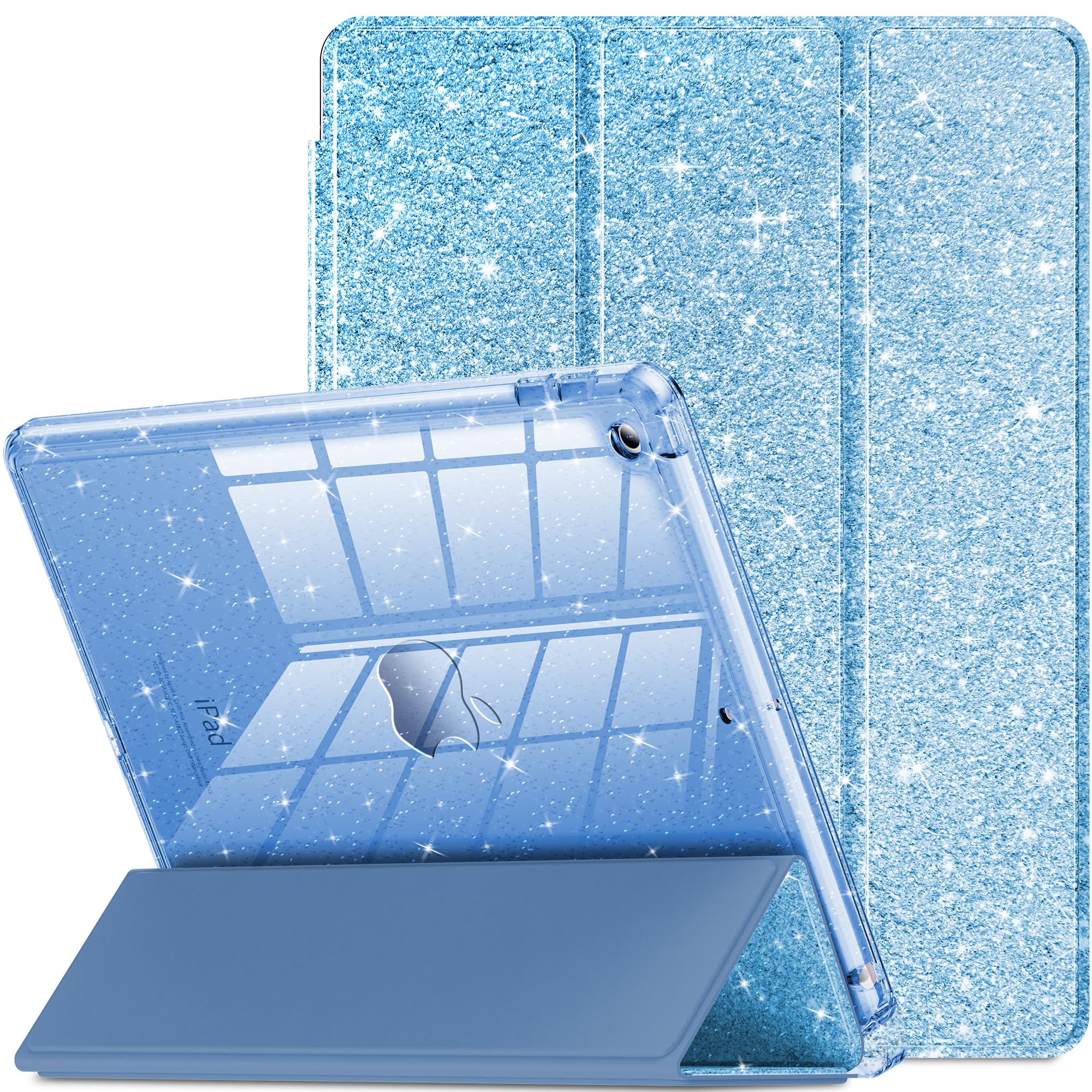 INFILAND iPad 9世代 ケース 10.2インチ ipad ケース 第7/8/9世代通用(2021/2020/2019モデル) 対応 グリッターレザーカバー キラキラクリスタルクリアバック ペンシルホルダー 黄変防止 (ブルー)