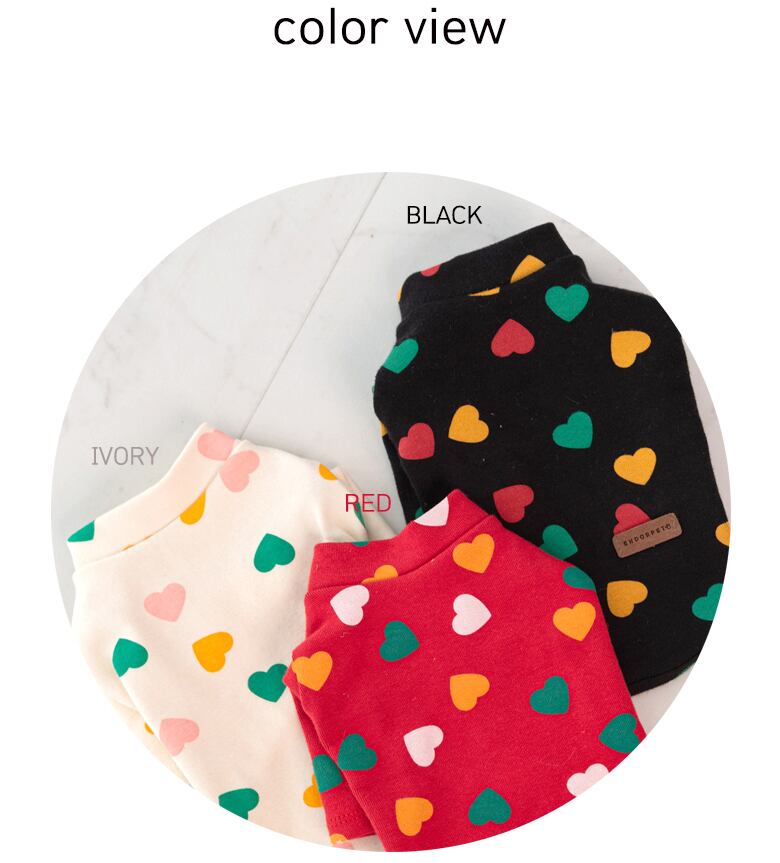 heart crew neck top S ~ 2XL 3color / 犬服 秋冬 新作 可愛い ワンコ服 ストレッチ 犬の服 長袖T シャツ ドッグウェア ハート柄 お揃い ハイネック 小型犬 中型犬 b45