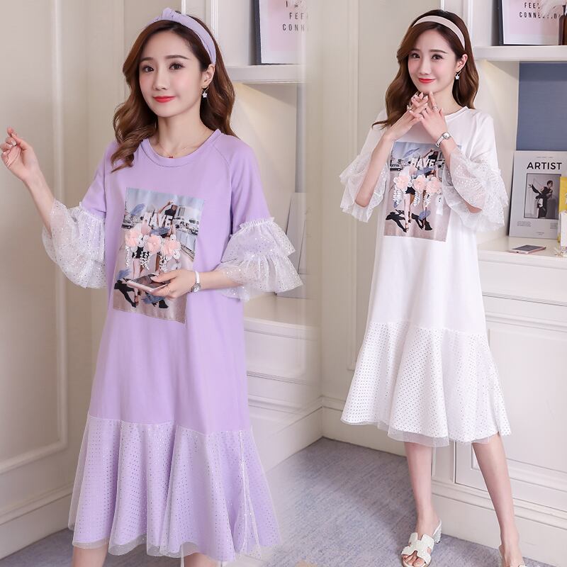 【新作】【送料無料】 マタニティ服夏フレアスリーブガーゼパッチワークプリーツルーズスタイリッシュドレス妊婦妊娠服 サマー 夏物 AL expec319262210956