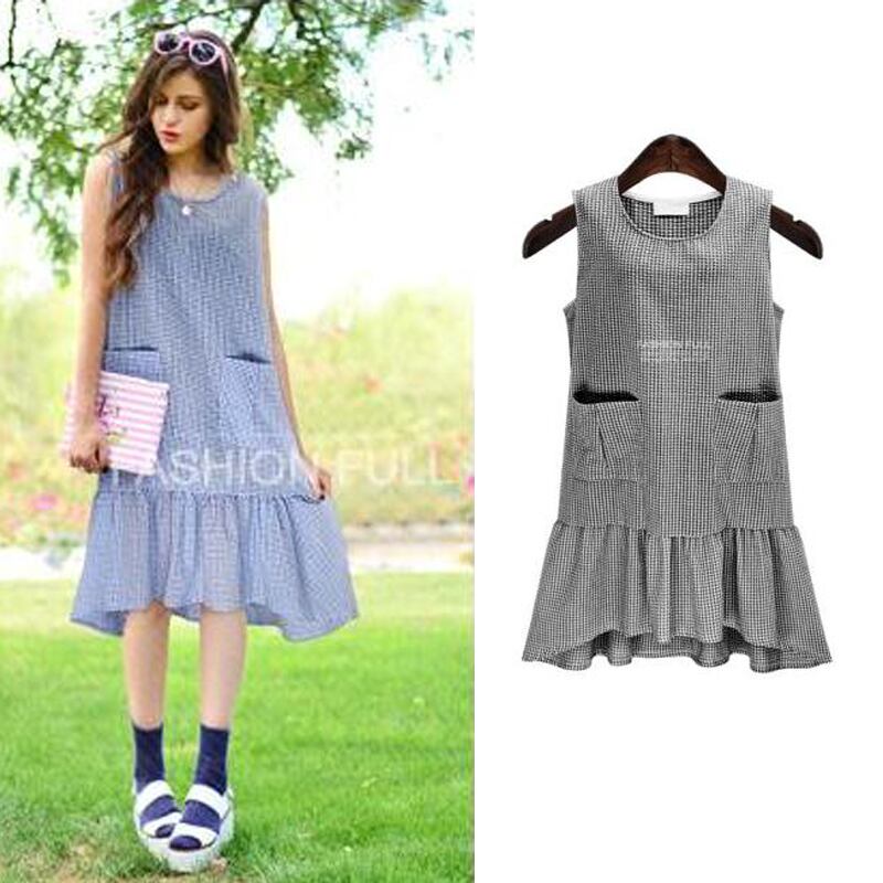 裾フリル ノースリーブ ギンガムチェック ワンピース