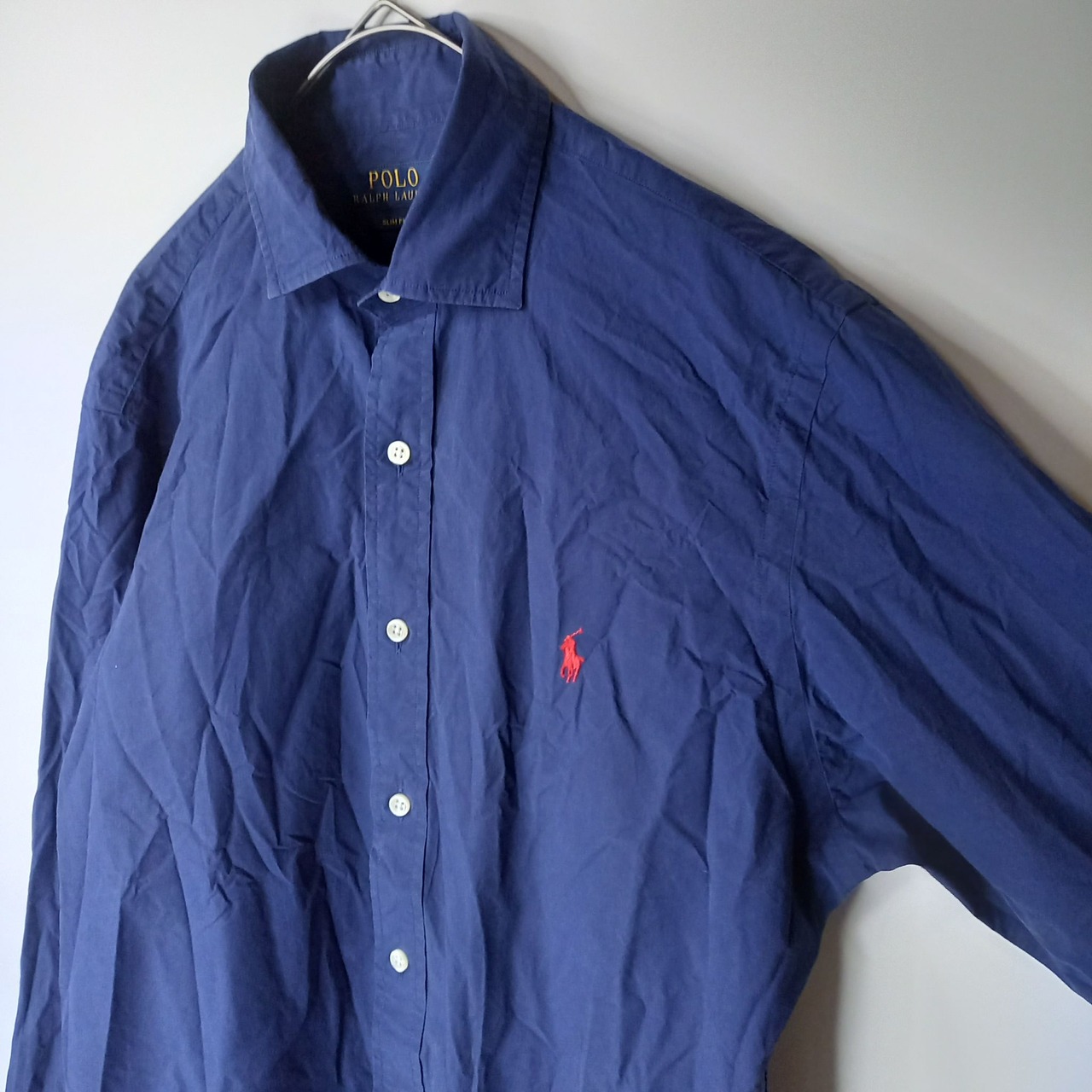 ポロラルフローレン　コットンシャツ　スリムフィット　刺繍ロゴ　ネイビー　M