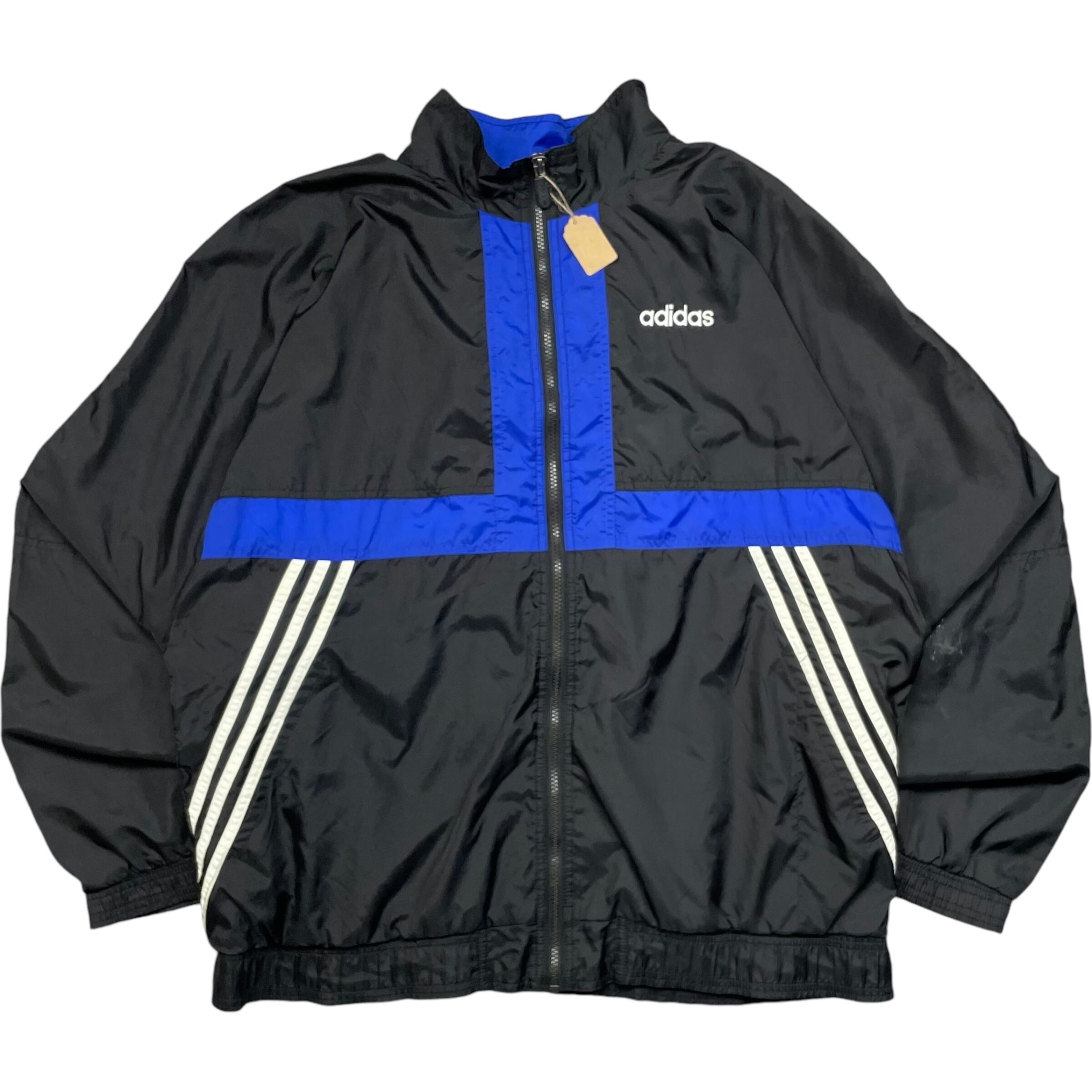 《XL》 adidas アディダス ナイロンジャケット 刺繍 ワンポイント ブラック ブルー 90年代 vintage no.4334