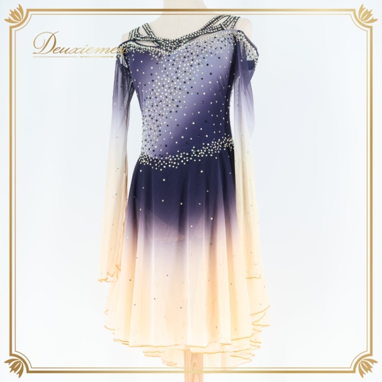 社交ダンス 衣装 ラテン ドレス ワンピース グラデーション 軽い 薄い レース スリット デモ 競技 ダンス パーティ 発表会 ネイビー系 パープル系 オレンジ系 お洒落 軽やか きれい かわいい フォーマル