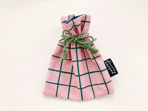 オリジナルテキスタイル巾着ポーチ「pink check × green」