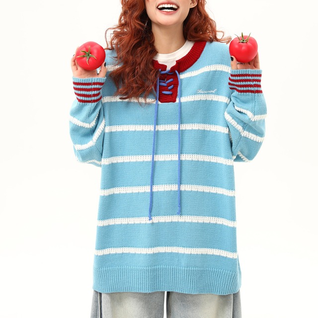 blue striped lace-up knit　ブルーボーダーレースアップニット　J1499