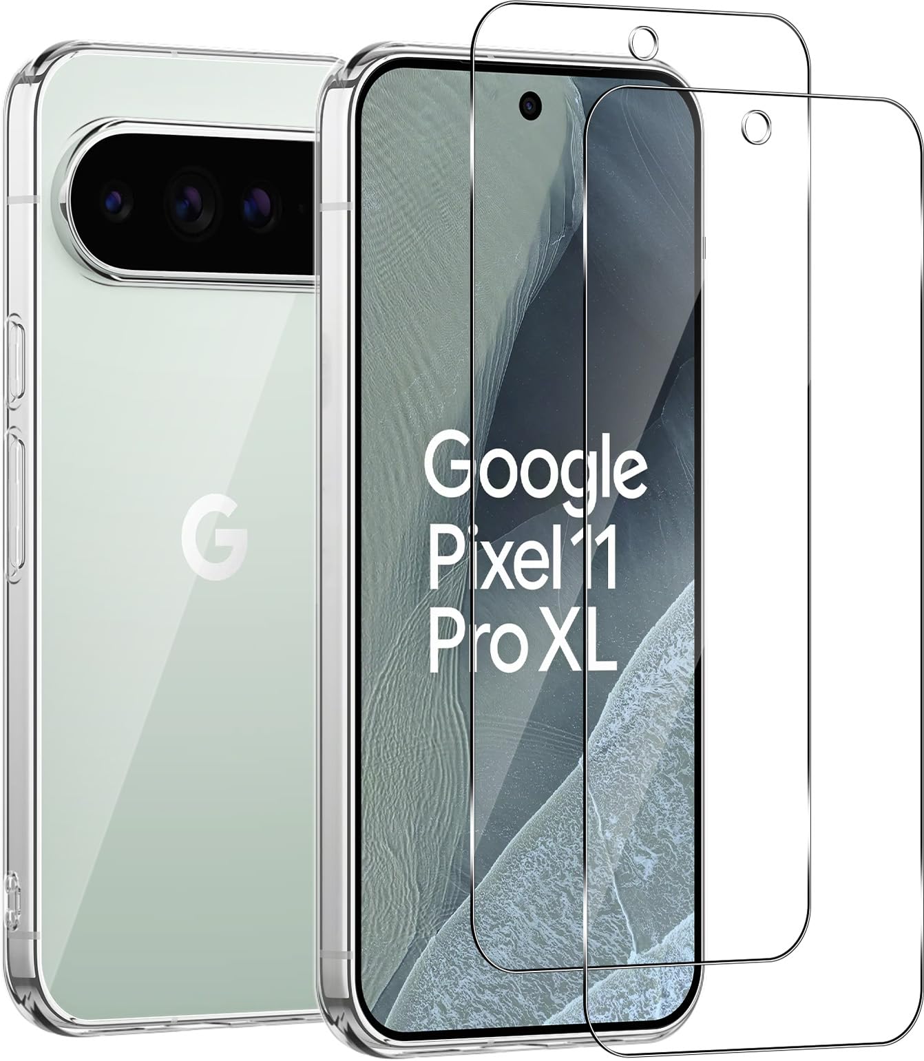 【1個+2枚セット】For Google Pixel 11 Pro XL ケース(1個)+ガラスフィルム(2枚) Pixel 11 Pro XL 対応 保護ケース Greerass ガラスフィルム付き 薄型 超軽量 耐衝撃 擦り傷防止 指紋·汚れ防止 手触り良い 着脱簡単 (クリア)