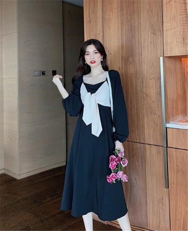 Newタイプついに入荷!韓国ファッション 秋 新品 レトロ 気質 ワンピース 腰を括る スリムフィット 蝶結び