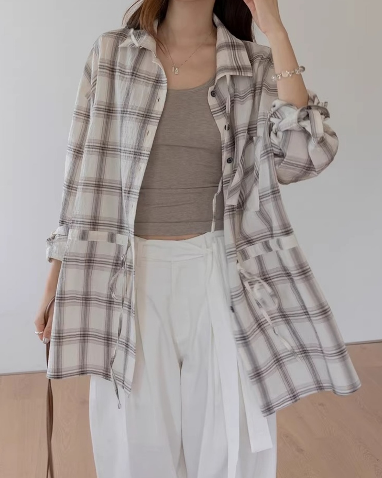 Drawstring check oversized Shirt L0161