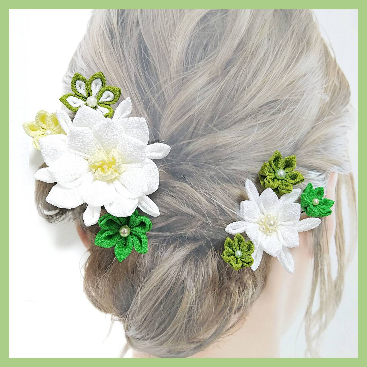 つまみ細工 髪飾り 月下美人コームセット 花 ホワイト グリーン 和風