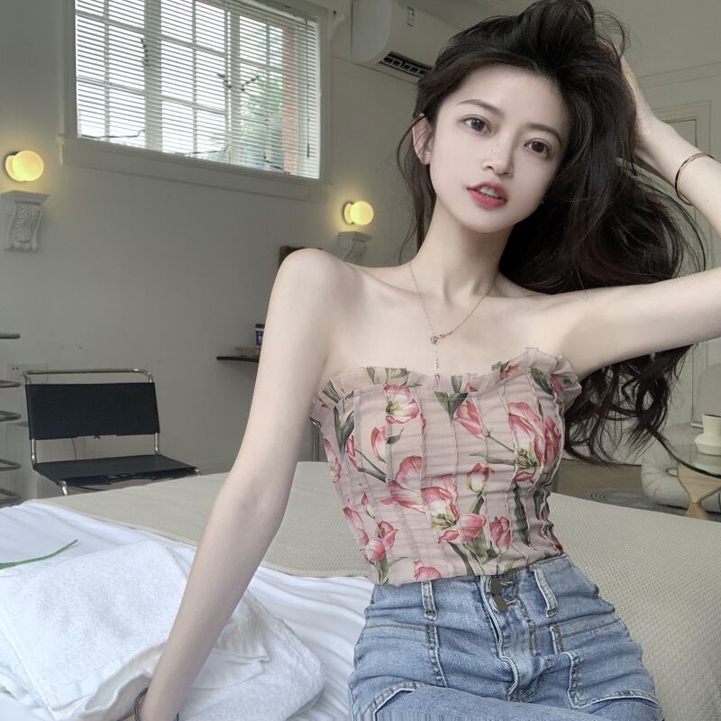 フローラルトップス ストラップレスショートバック サマー 夏物 花柄 ブラックストロベリース22333296202