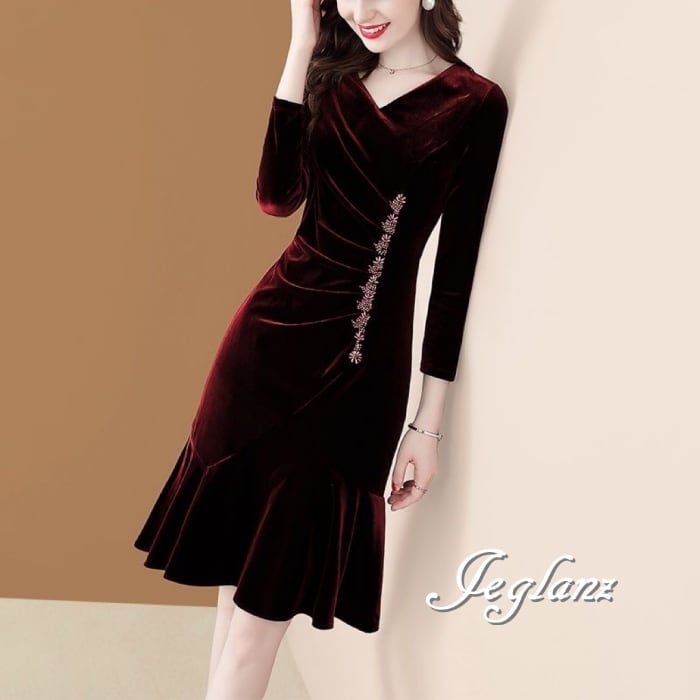 3色 ベルベット調 ワンピース ドレス ビジュー付き 7分袖 光沢感(MB265) η