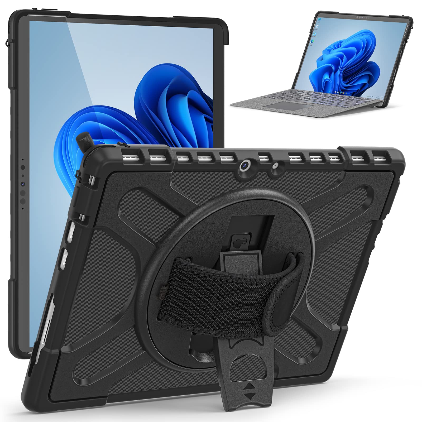 【特価処分】Surface Pro 8 ケース 耐衝撃 360°回転スタンド機能 マイクロソフト surface pro8 カバー (13 インチ) おしゃれ サーフェス プロ8 保護ケース 調節可能 丈夫 ハンドストラップ 防塵 多機能 実用 強い衝撃保護性能 (Surface Pro 8 (13 インチ) ブラック)