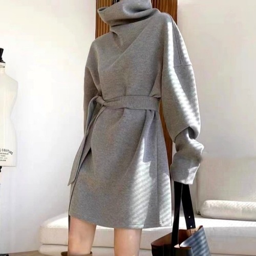 ハイネック ロングトレーナー ウエストリボン 2color