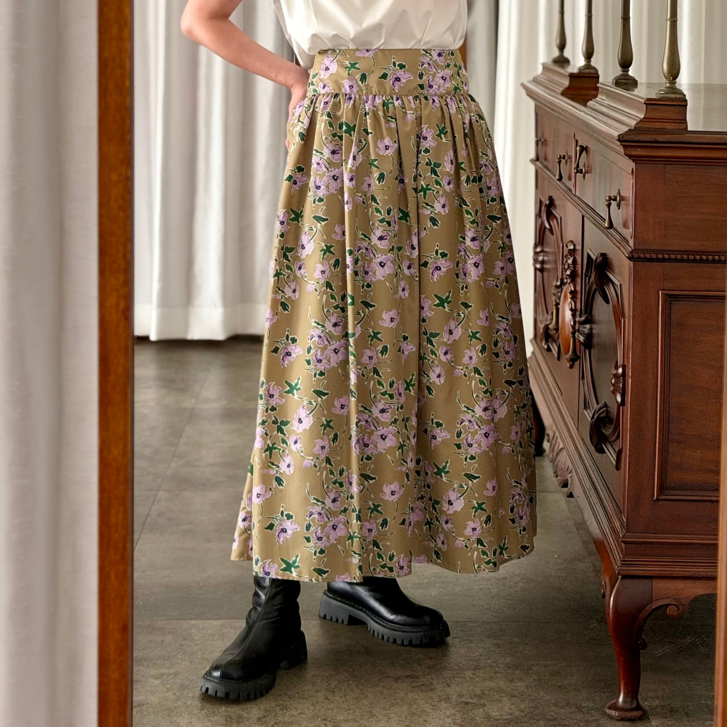 ★Flower Print Skirt (Khaki/Purple)
