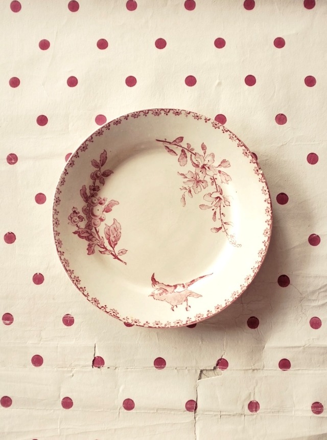 1890s~ Sarreguemines favori 薔薇色の小鳥と薔薇色の実とデザートプレート