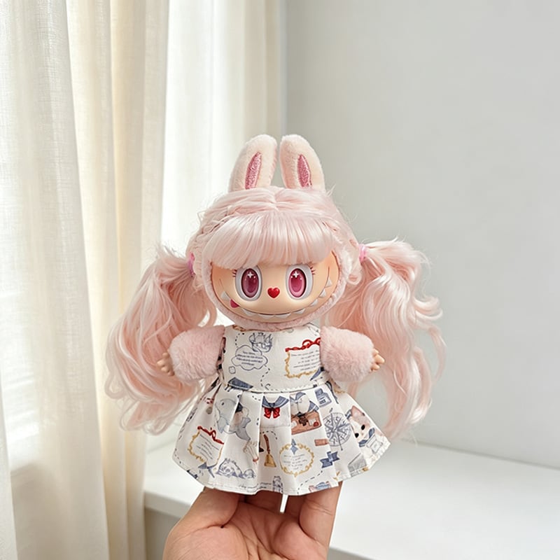 Labubu 1-3代用 かわいいプリントワンピース+ウサギチャーム+帽子